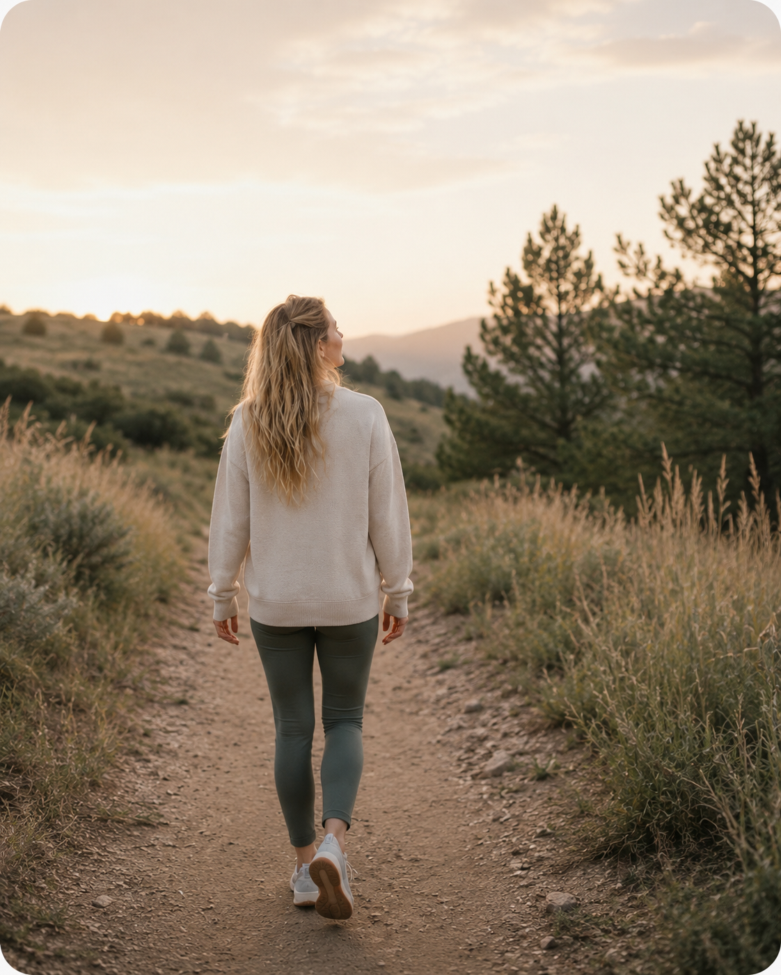 Maggie walking a Colorado trail at sunset